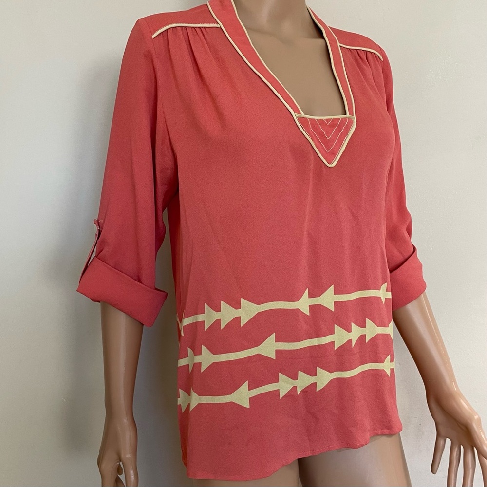 Anthropologie LAUREN MOFFATT Coral & Beige PURE 100% SILK Tunic BLOUSE  M
